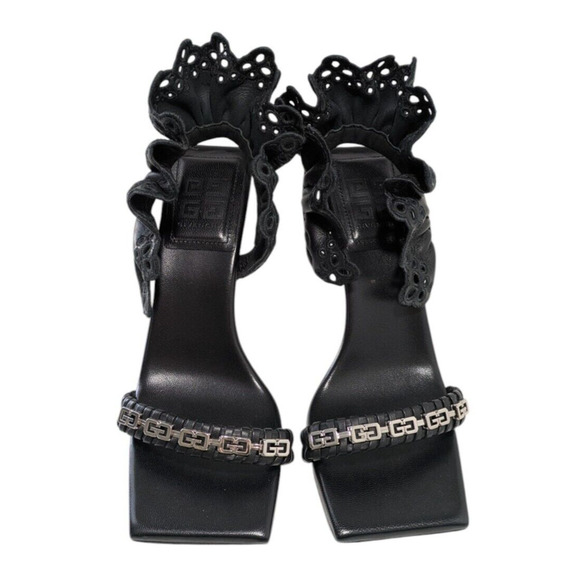 Givenchy G Black Lambskin Chain Ruffle Sandals New EU 37 Square Toe Slingback - Picture 4 of 16